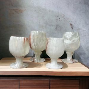 NWT Stunning Set of 4 Hand Carved White Onyx Wine Whiskey Ritual Glasses Goblets
